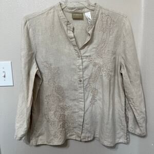 Liz Claiborne Liz wear Women’s Linen Button Up Blouse XL Tan/Taupe Embroidered
